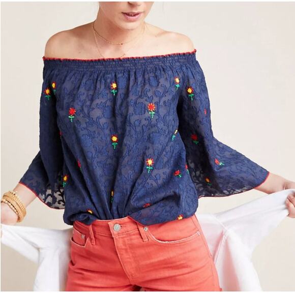 Anthropologie NWT Off the Shoulder Floral Blouse Size Small Embroidered Boho Top - Picture 2 of 10